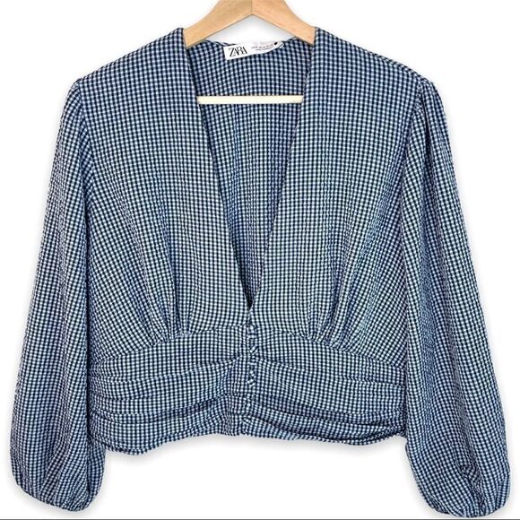 Zara Gingham V Neck Pleated Top - Picture 1 of 9